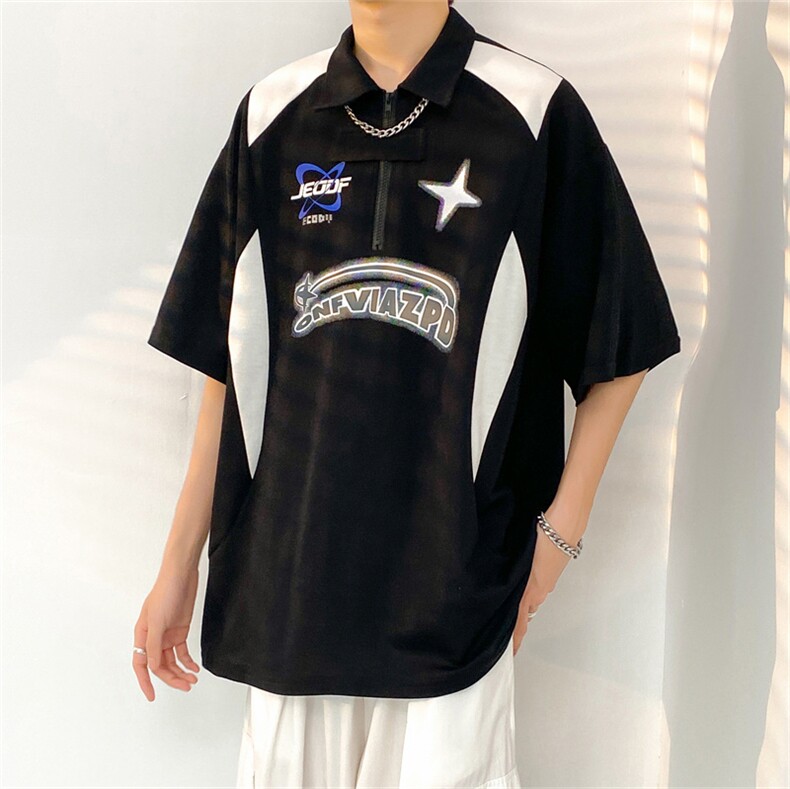 港风翻领polo衫男短袖夏季ins潮流宽松百搭潮牌半袖T1147-P32,男装T恤,星座512-2