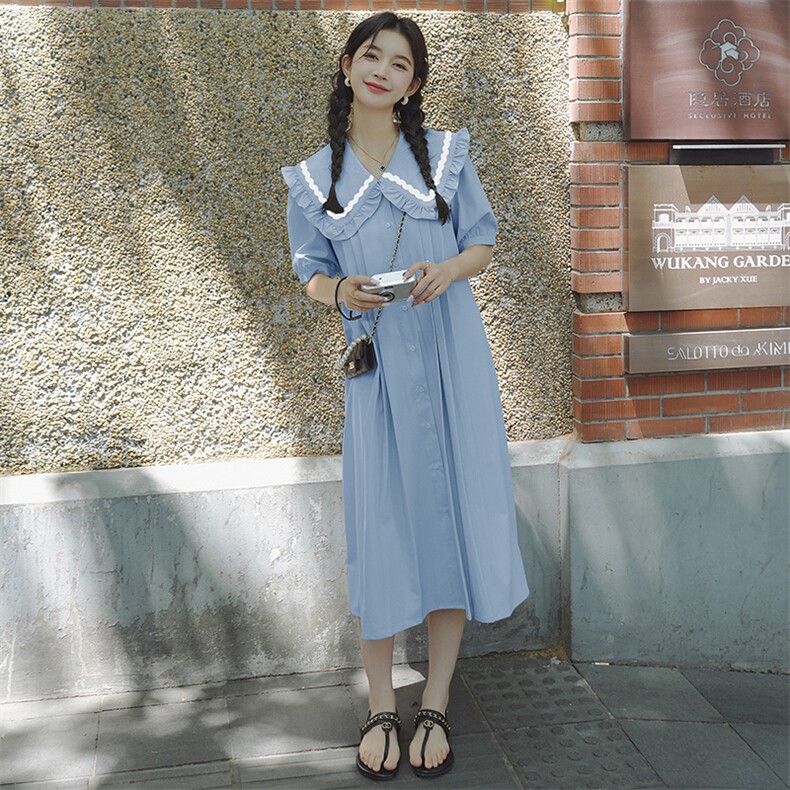 减龄开衫海军娃娃领杏色连衣裙女夏季2025新款初恋清纯奶甜长裙子,女装连衣裙,浙宝276（原081）