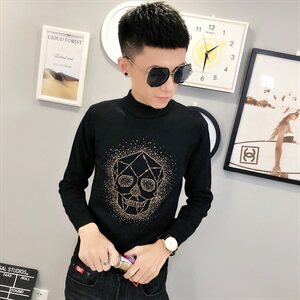 1骷髅烫钻针织衫毛衣冬季社会小伙男半高领打底衫C301B-MY18图片