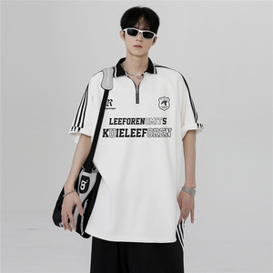 美式复古POLO衫黑白拼接小众半拉链街头短袖T恤男女同款T280-P38图片