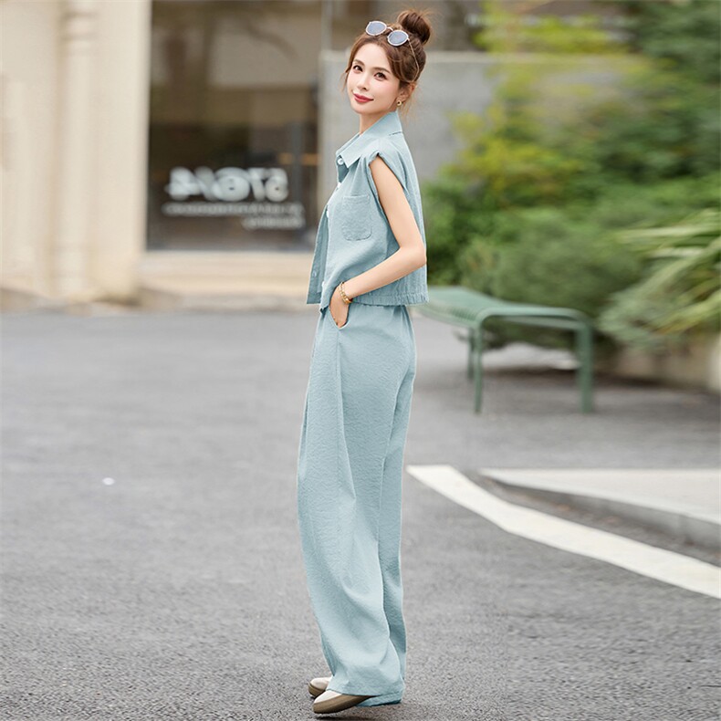 夏日漂亮小套装女2025夏季新款超火减龄黄色穿搭马甲阔腿裤两件套,女装套装/套裙,罗腾