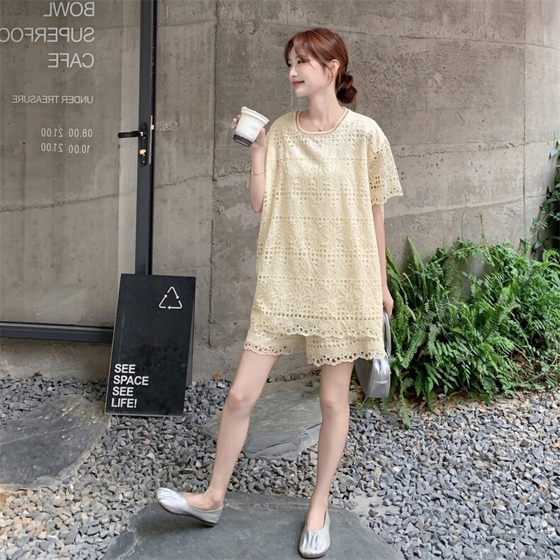 法式设计感镂空短袖短裤两件套女2025夏季新款复古宽松小个子套装,女装套装/套裙,2C275