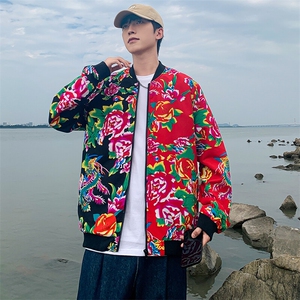 J01男女棒球领夹克外套东北大花汉服开衫左右拼接撞色潮秋装表演图片