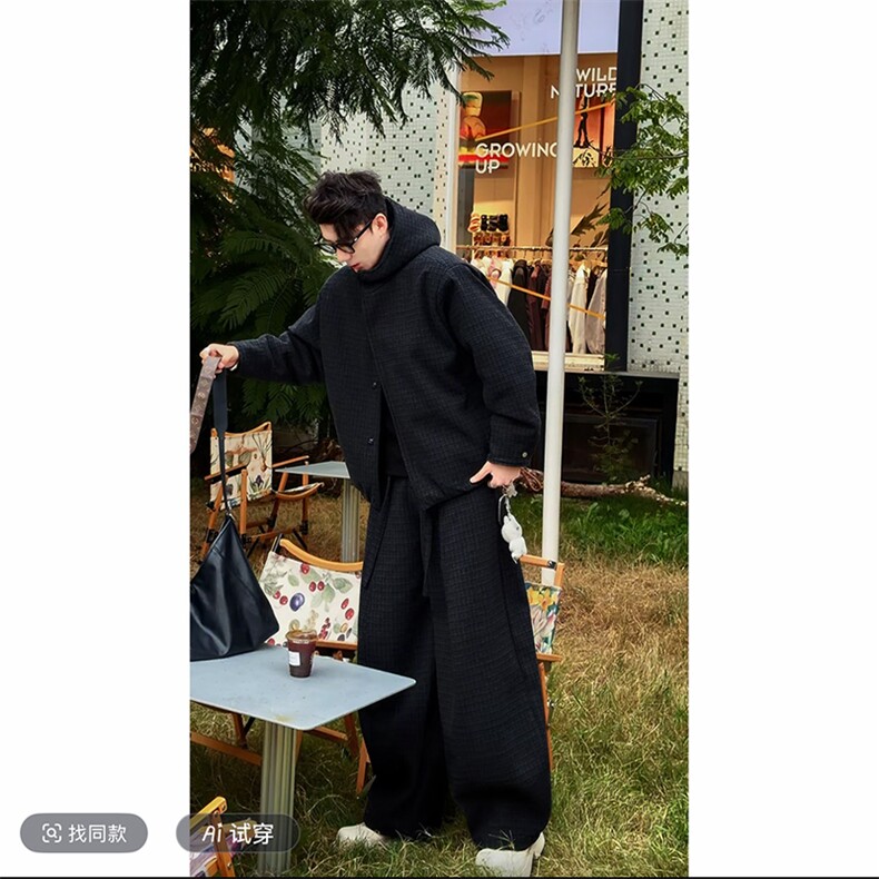 抖音高级保暖连帽棉服外套弯刀裤套装TZ353上衣135裤子78网图,男装棉衣,电商B267