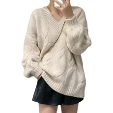 重磅加厚V领衫女麻花大码宽松套头毛衣灯笼袖慵懒软糯羊毛衫，男装羊毛衫，美轩羊绒