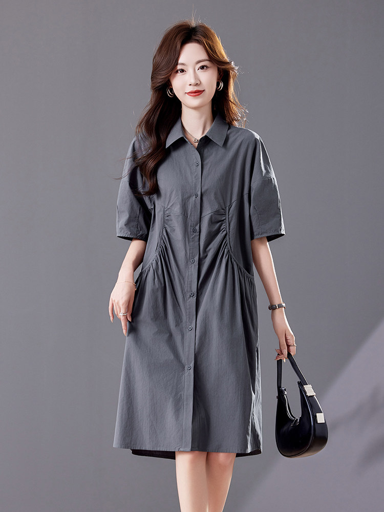 休闲风翻领大口袋短袖连衣裙女2025夏季大码胖MM宽松百搭衬衫裙子,商品下架区,靓衣阁