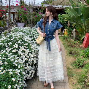 法式假两件牛仔拼接蛋糕连衣裙女2025夏新款超好看小个子过膝长裙图片