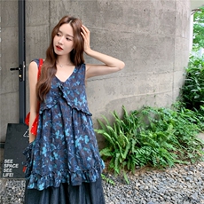时尚减龄休闲风套装女2025夏季日系简约印花上衣木耳边阔腿裤套装，女装套装/套裙，2C166