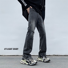 B221美式ins高街小众重工艺拉链破洞牛仔裤LK23016-P65控88，男装牛仔裤，电商B221