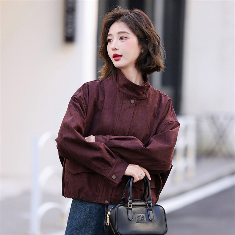 欧货百搭外套女短款2025年春季新款拉链麂皮绒蝙蝠袖显高立领上衣,女装短外套,木子恋