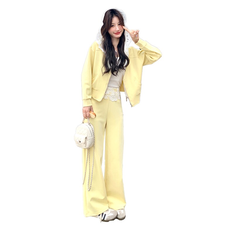 时尚拼接套装女2025年春季新款爆款洋气减龄连帽卫衣阔腿裤两件套,女装套装/套裙,2C029
