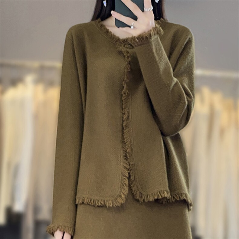 秋冬羊毛开衫女圆领一粒扣针织外套流苏衫宽松外搭毛衣，女装羊毛衫，江南羊绒