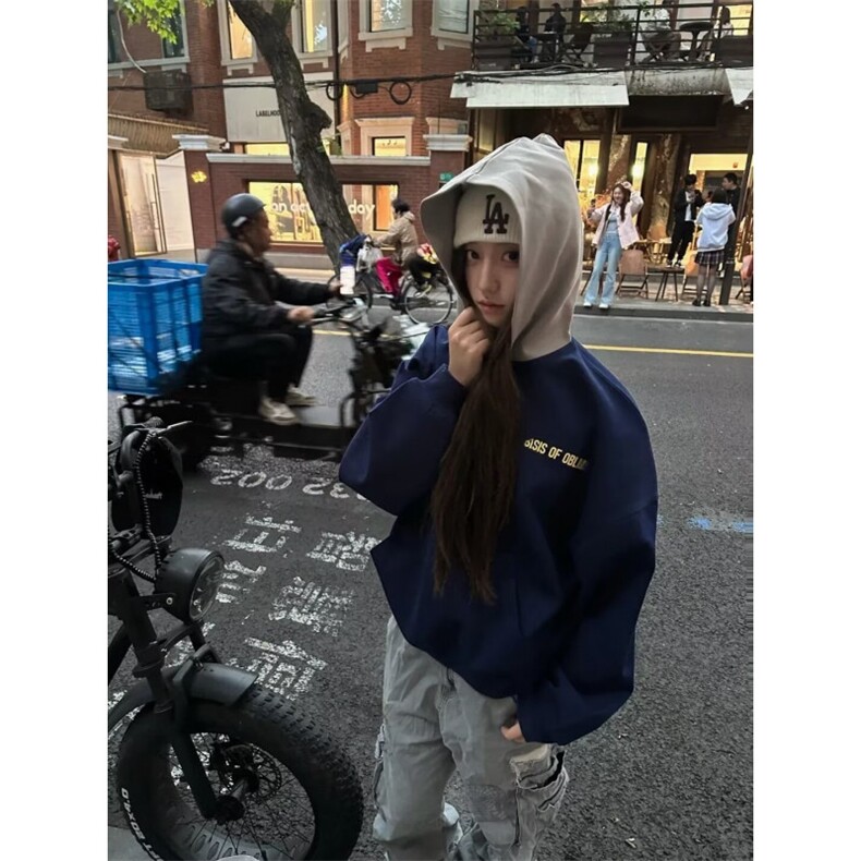 藏青色重磅连帽卫衣男春季高级感美式cleanfit硬挺短款情侣装外套,女装短外套,四季星座505