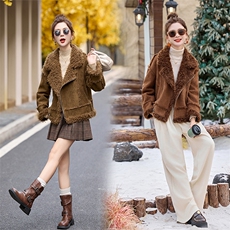 皮毛一体羊羔毛外套女2024冬新款小个子加厚保暖鹿皮绒机车服棉服，女装棉衣/棉服，自然秀