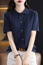 POLO领纯棉线短袖针织开衫女短款纯色宽松T恤款翻领全棉短袖衬衫，女装针织衫/毛衣，斯美雅电商供货