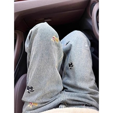 cleanfit趣味小狗刺绣牛仔裤男款美式复古水洗高腰直筒宽松阔腿裤，男装牛仔裤，星座1210-1