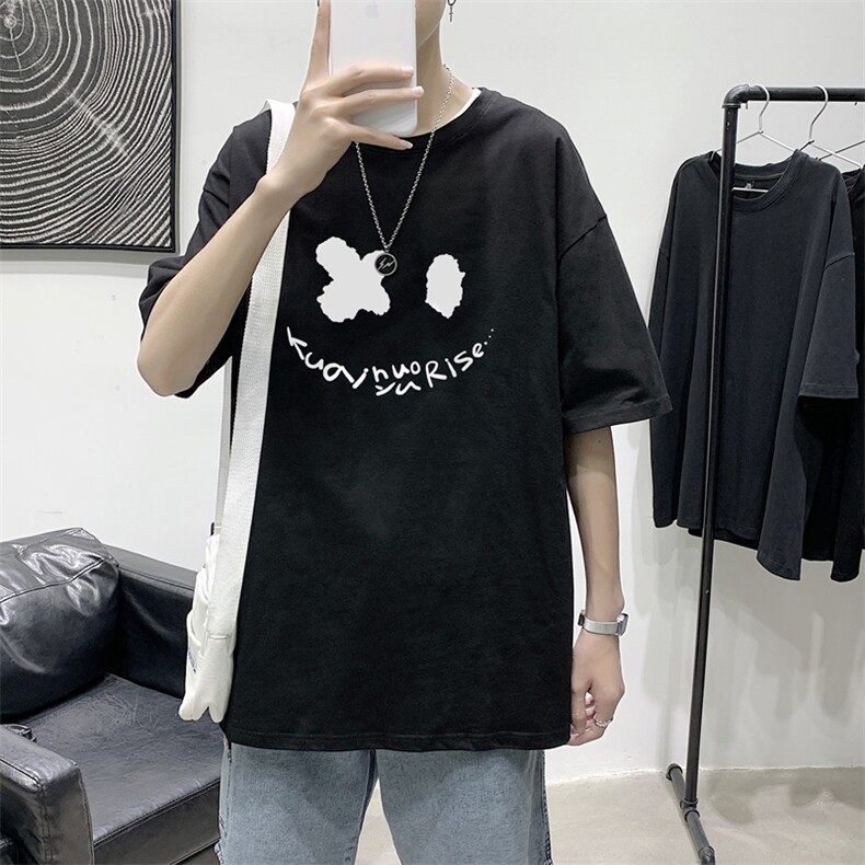 T1795P25 港风室内 宽松T恤棉2021男线条笑脸英文印花短袖T恤图片