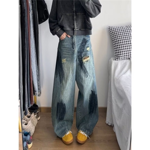 复古解构廓形破洞弯刀牛仔裤男女宽松直筒美式休闲阔腿K80944-p58图片