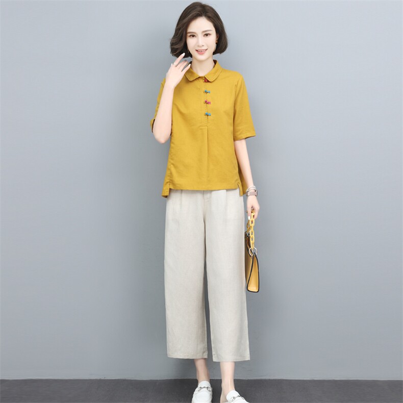 妈妈夏装2024新款太洋气时尚短袖棉麻套装中年女夫人一整套装,女装套装/套裙,璐依舞