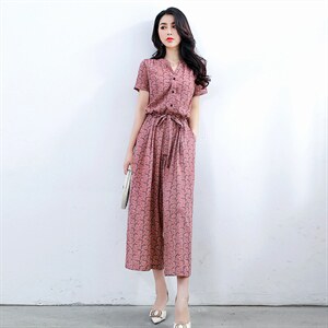 连体裤女夏2024新款韩版宽松收腰显瘦休闲棉麻碎花阔腿连衣裤，女装连衣裙，木橙西子