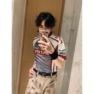 美式户外骑行服元素撞色T恤运动风小众解构撞色字母弹力透气短袖图片