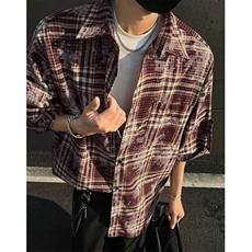 做旧格子短袖衬衫男女夏季潮牌高级感情侣衬衣设计感外套CS352，男装衬衫，星座1116A（原606A-3）