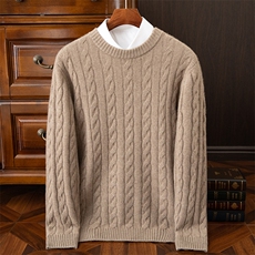 品质男羊绒套衫羊绒保暖长袖麻花编织灰色商务休闲毛衣男装，男装羊绒套衫，欧力羊绒