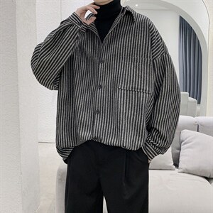 港风复古条纹衬衫加厚男慵懒宽松加大码胖子毛呢衬衣外套DX126P60图片