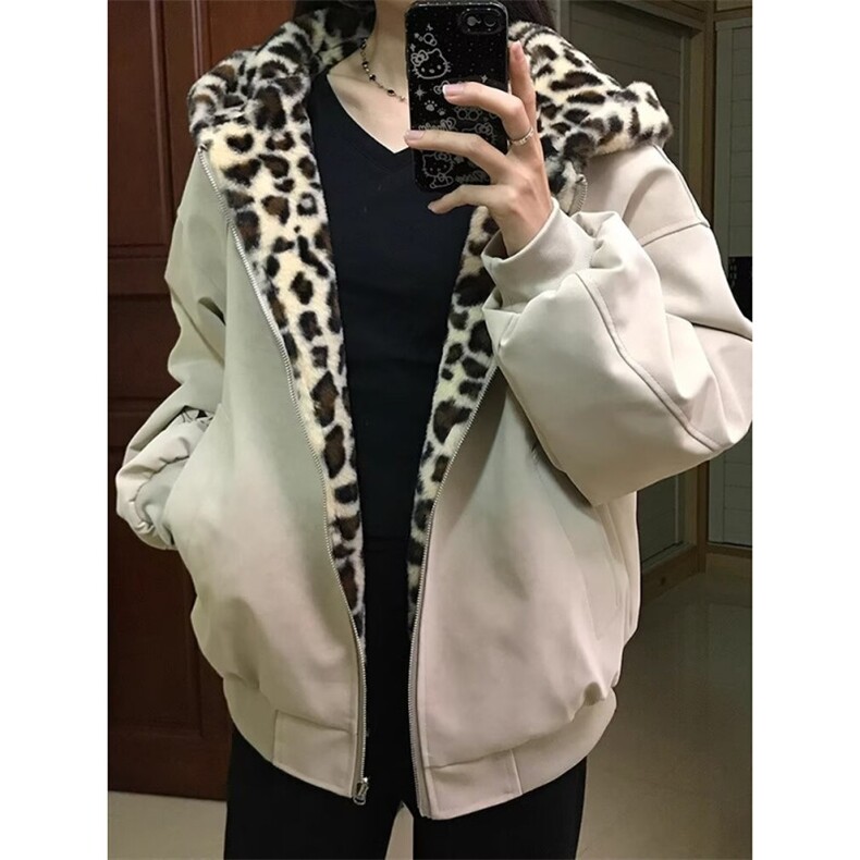 美式连帽座山雕夹克棉服男款冬季加厚保暖棉衣双面穿豹纹皮衣外套,男装夹克,四季星座505