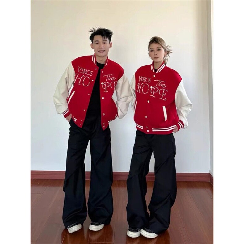 珍珠红色撞色棒球服外套男款春秋季美式高街hiphop设计感夹克外套,男装夹克,星座313A(原308A-2)