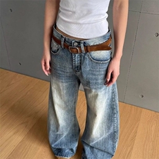美式复古水洗弯刀牛仔裤女设计感宽松百搭显瘦高腰阔腿长裤潮，女装牛仔裤，星座506A