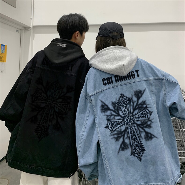 2025春季港风情侣假两件连帽牛仔夹克外套帽子可拆卸JK735-P88图片
