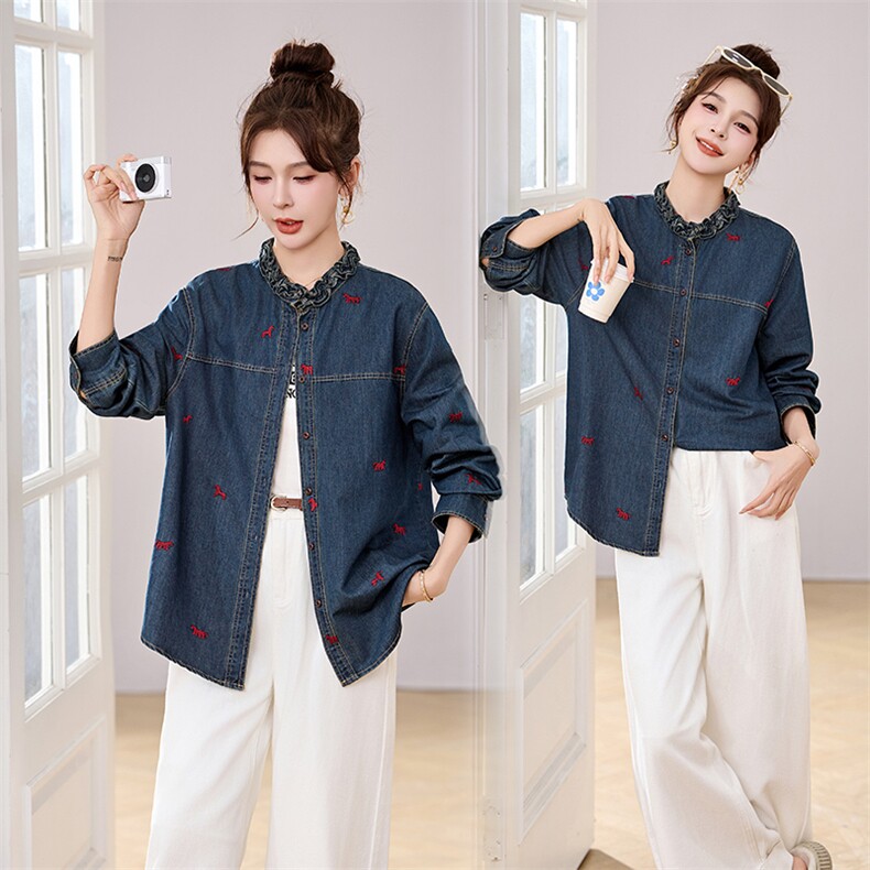 牛仔衬衫外套女中长款春季2026新款高端刺绣百搭叠穿长袖上衣，女装牛仔外套，丽影随形