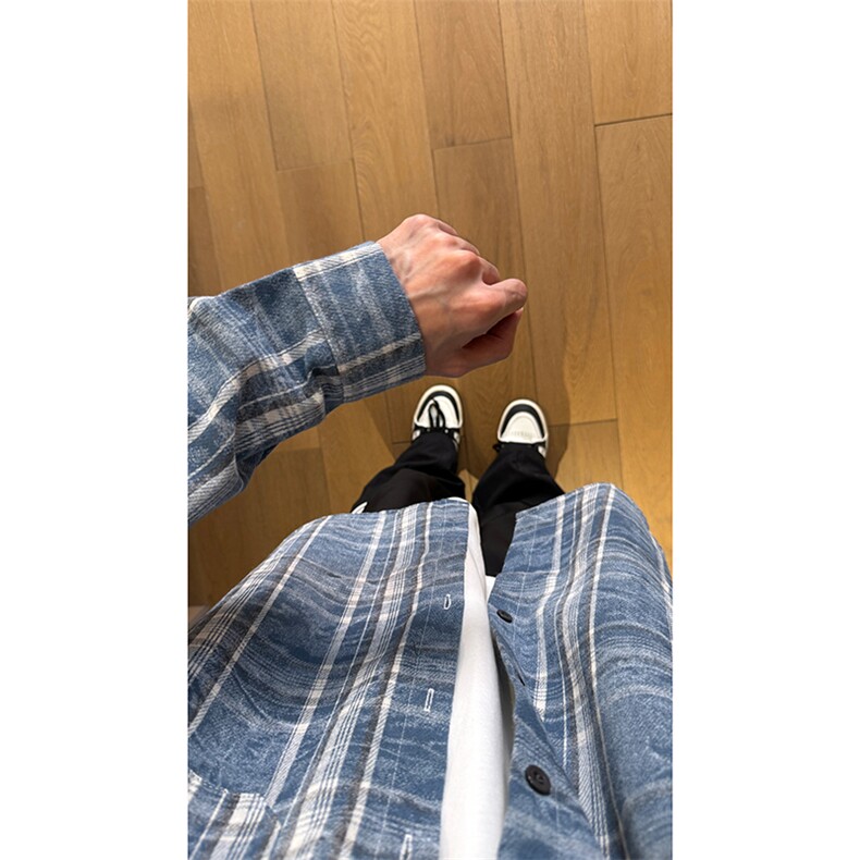 现货复古晕染格子长袖衬衫女高级感慵懒风外套男C19-P50控78,男装衬衫,星座205-5