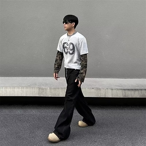 美式复古深蓝色直筒阔腿牛仔裤男女宽松百搭休闲松弛感拖地裤图片