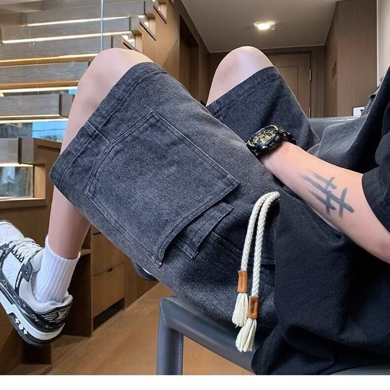 胖胖哥口袋系带牛仔短裤男夏季潮牌大码宽松阔腿裤痞帅风直筒裤子,男装牛仔裤,星座715-4