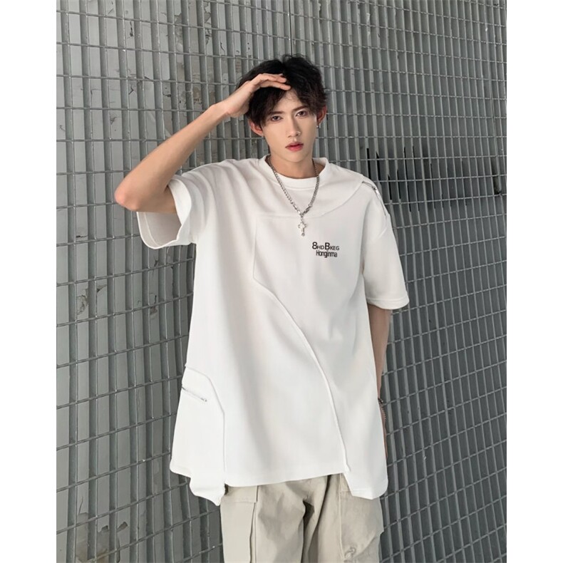 夏季流行拼接设计感纯棉白色短袖T恤上衣男士侧拉链X01,男装T恤,星座1013