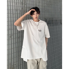 夏季流行拼接设计感纯棉白色短袖T恤上衣男士侧拉链X01，男装T恤，星座1013