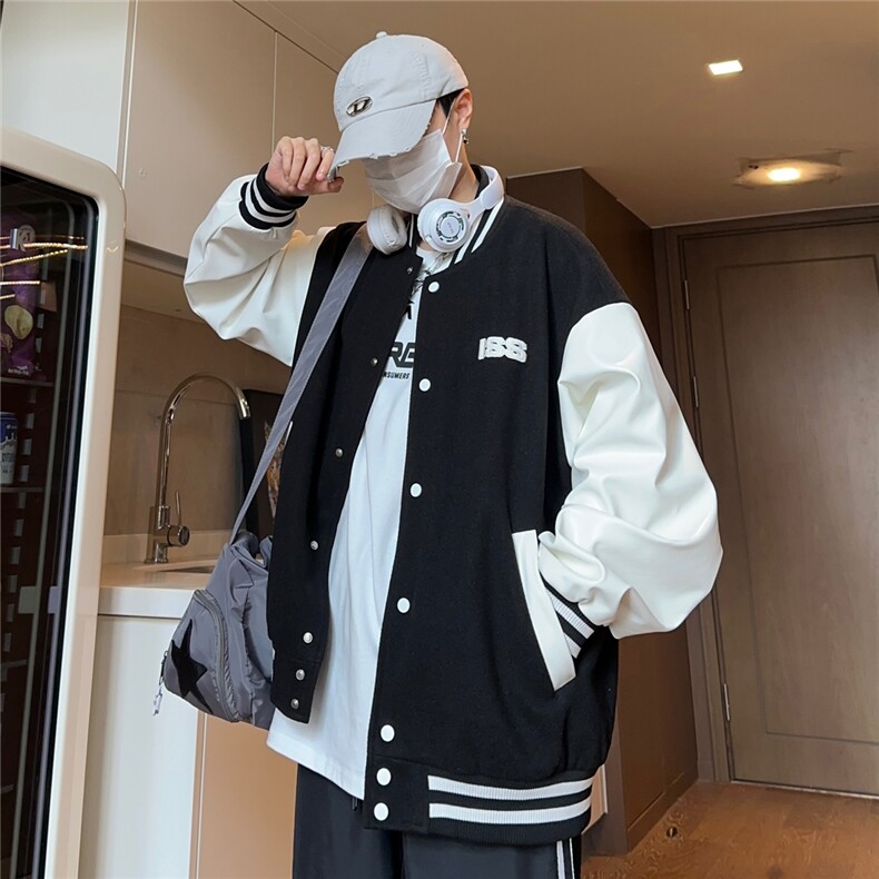 撞色拼皮美式棒球服情侣男女复古时尚潮流212-2-DY84-P95图片