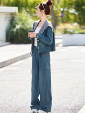 休闲复古拼接牛仔套装女2025春季爆款时髦减龄显瘦阔腿裤两件套潮，女装套装/套裙，欣品汇