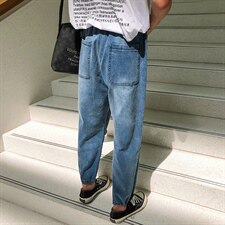 2020外景秋季新日系大码潮男九分纯色松紧腰牛仔裤K293-P50，男装牛仔裤，电商A001