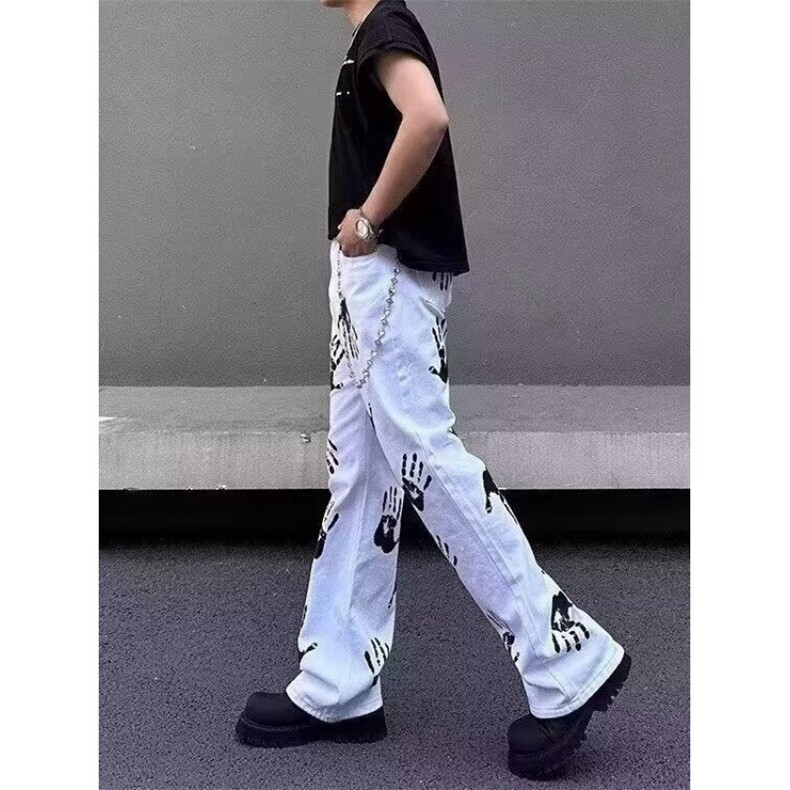 美式高街手掌印花白色微喇牛仔裤男女百搭嘻哈潮牌休闲长裤B1833,男装牛仔裤,星座601-1