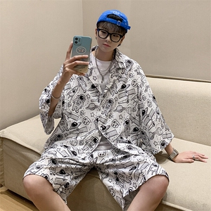 特P45控88-夏装冰丝短袖衬衫短裤休闲套装男生沙滩裤两件套XTZ226图片