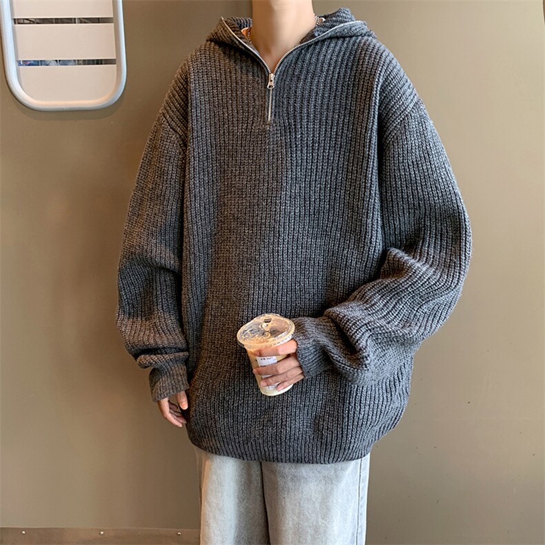慵懒风连帽毛衣男秋冬季新款纯色简约cleanfit宽松休闲针织衫外套,男装针织衫/毛衣,星座410-7
