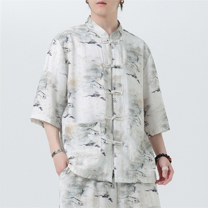 2025夏季新款风男装盘扣新中式唐装竹叶印花衬衫 C115-P50图片