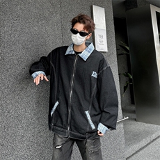 格子拼接复古刺绣水洗牛仔外套潮流宽松设计感外套，男装夹克，星座410-7