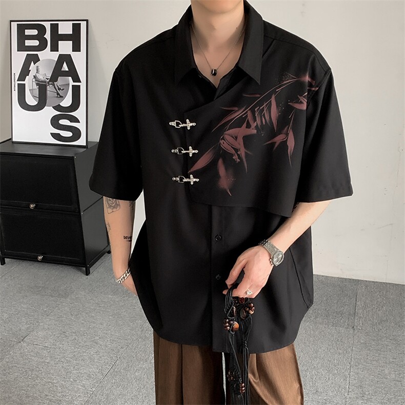 夏装2025新中式风水墨竹子印花结构拼接衬衣短袖男女无性别,男装T恤,星座909