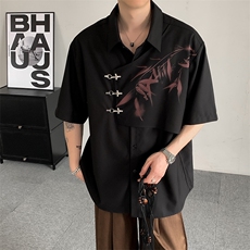 夏装2025新中式风水墨竹子印花结构拼接衬衣短袖男女无性别，男装T恤，星座909