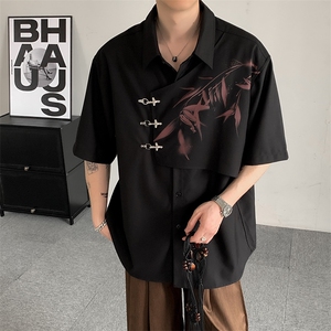 夏装2025新中式风水墨竹子印花 结构拼接衬衣短袖男女无性别图片