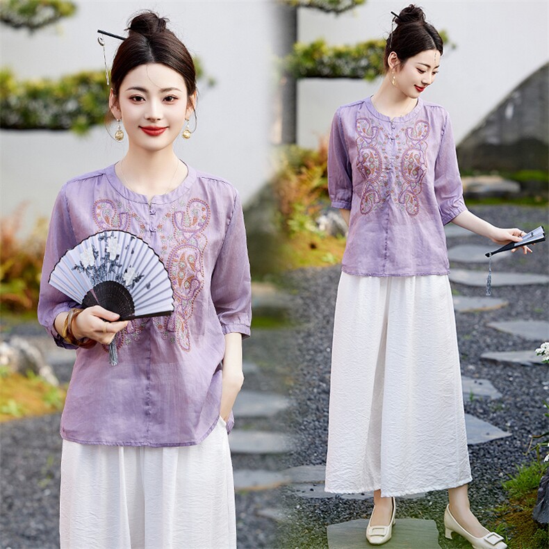 棉麻套装女绣花新款夏装搭配一整套中年妈妈阔腿裤装亚麻两件套，女装套装/套裙，衣之秀